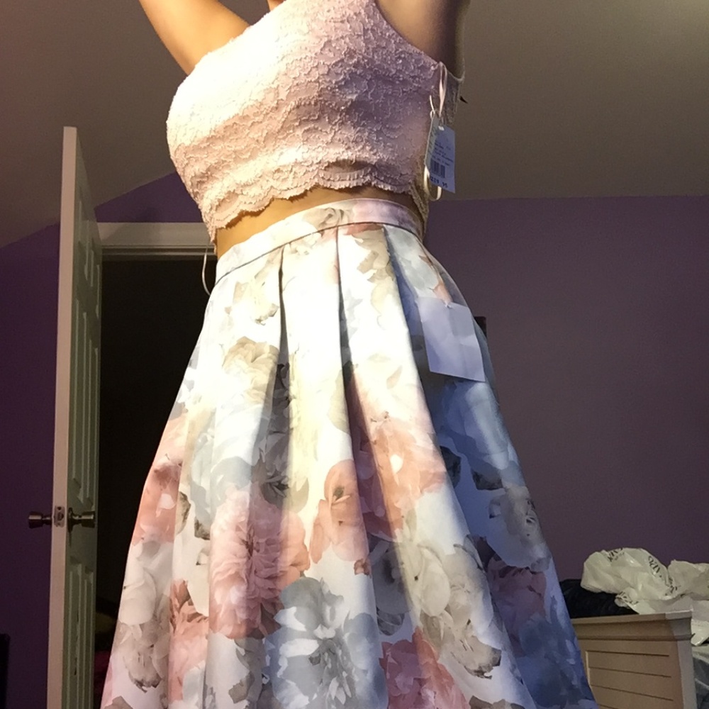 Two-piece Pink Floral Prom Dress